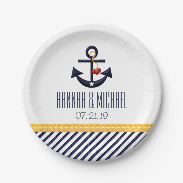 Yellow and Navy Blue Nautical Anchor Wedding Paper Plates (Front)
