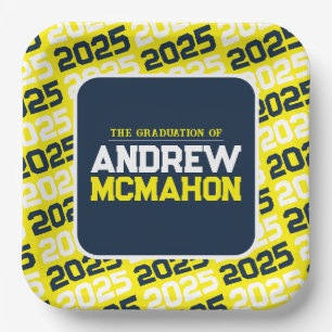 Yellow and Navy Blue Personalized Graduation Paper Plates
