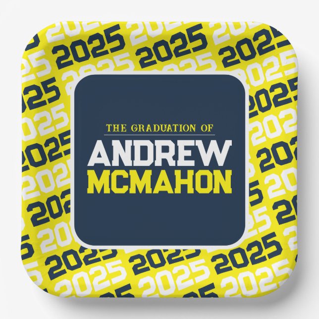 Yellow and Navy Blue Personalized Graduation Paper Plates (Front)