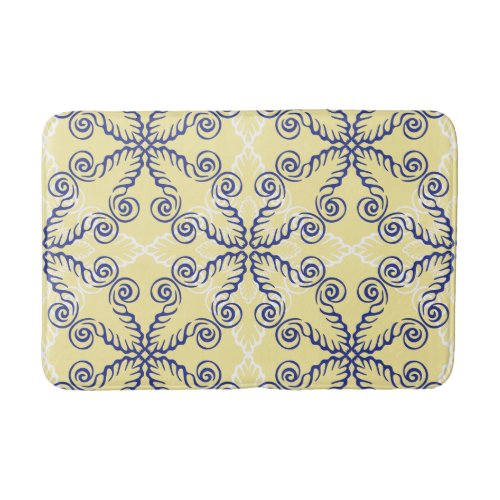 Yellow and Navy Blue Scrollwork Pattern Bath Mat