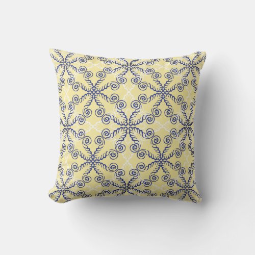 Yellow and Navy Blue Scrollwork Pattern Pillow