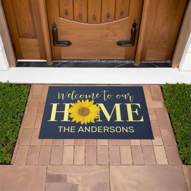 Yellow and Navy Custom Name Sunflower Welcome Doormat (Outdoor)