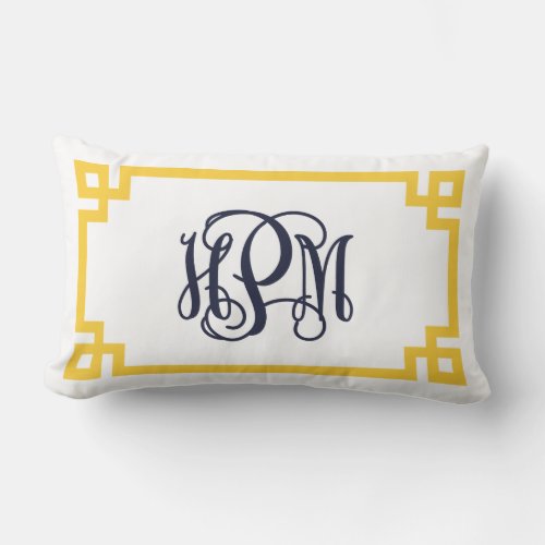 Yellow and Navy Greek Key Script Monogram Lumbar Pillow