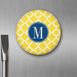 Yellow and Navy Quatrefoil Pattern Custom Monogram Magnet<br><div class="desc">A popular design with bright colors and an area to add your monograms or name. Trendy colors and patterns for your phone. If you need to adjust the initials,  click on the customize button and make changes.</div>