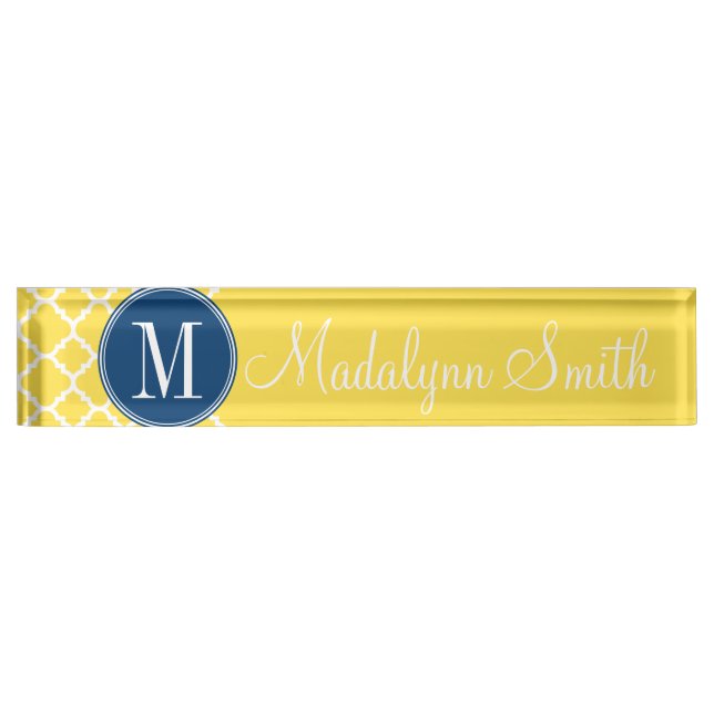Yellow and Navy Quatrefoil Pattern Custom Monogram Nameplate (Front)