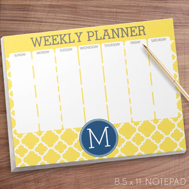 Yellow and Navy Quatrefoil Pattern Custom Monogram Notepad (Weekly Planner Notepad - Personalized)