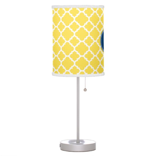 Yellow and Navy Quatrefoil Pattern Custom Monogram Table Lamp (Left)