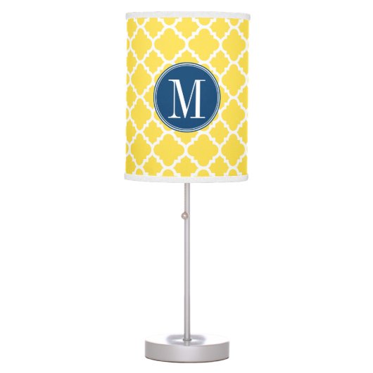 Yellow and Navy Quatrefoil Pattern Custom Monogram Table Lamp (Front)