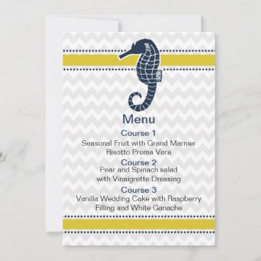 Yellow and Navy Sea Horse Beach Wedding menu Invitation