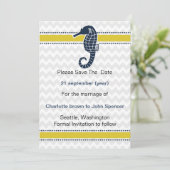 Yellow and Navy SeaHorse Beach Wedding Stationery Invitation (Standing Front)
