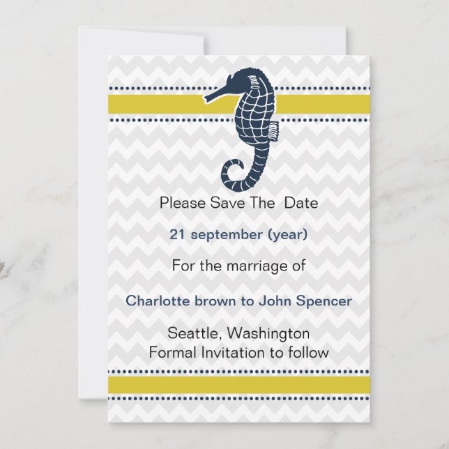 Yellow and Navy SeaHorse Beach Wedding Stationery Invitation (Front)