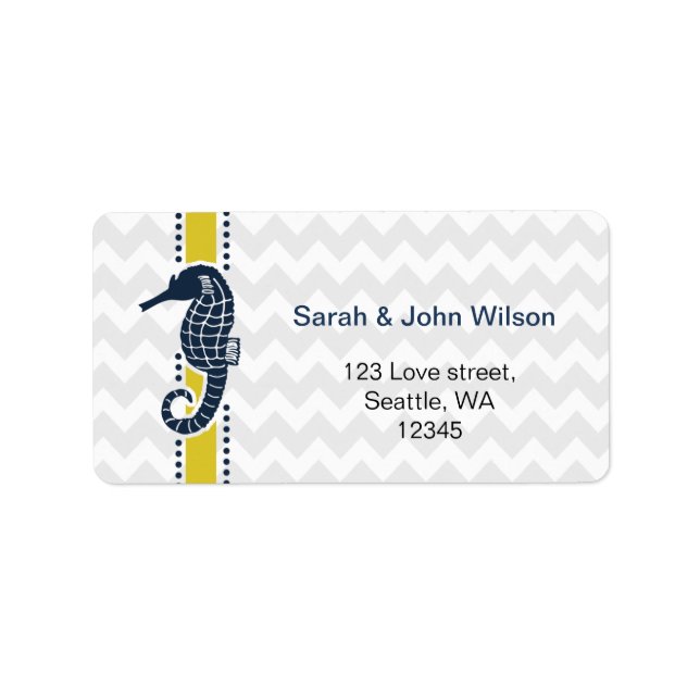 Yellow and Navy SeaHorse Beach Wedding Stationery Label (Front)