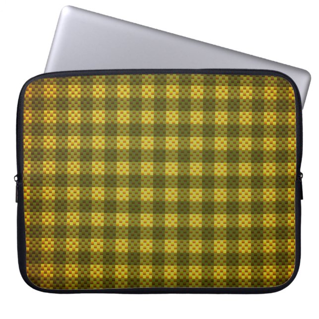 Yellow and olive checkered carbon fiber patterned laptop sleeve (Front)
