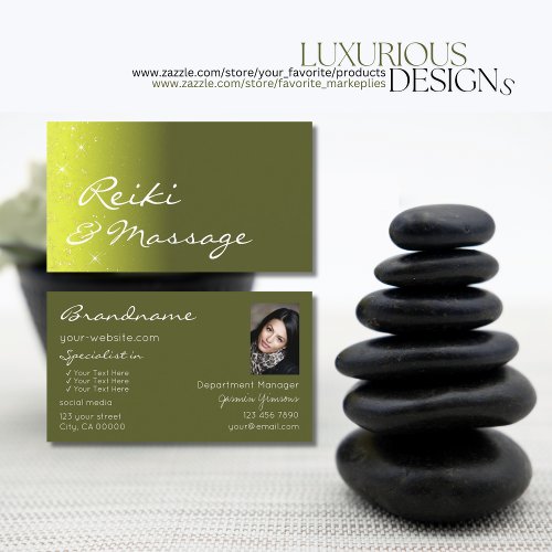 Yellow and Olive Green Glitter Stars with Photo Business Card