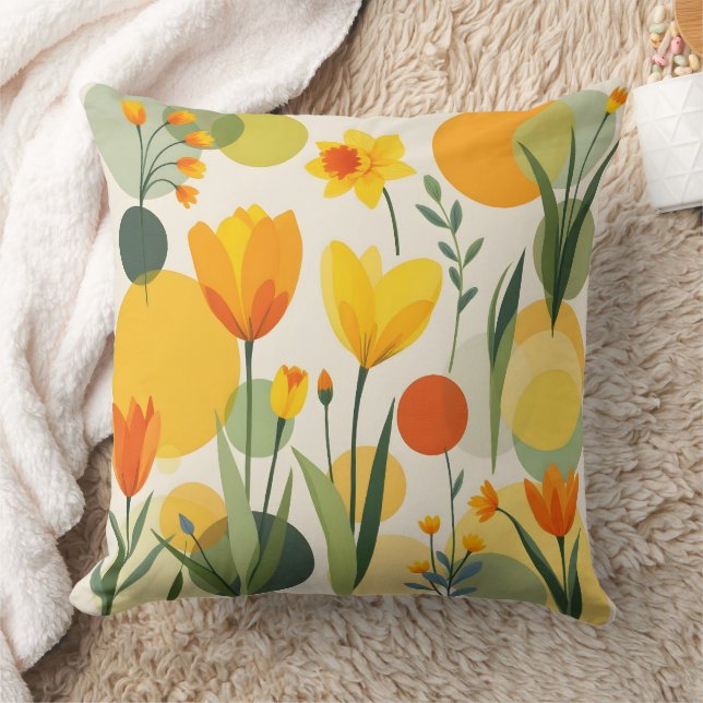 Yellow and Orange Abstract Spring Flowers Throw Pillow (Blanket)