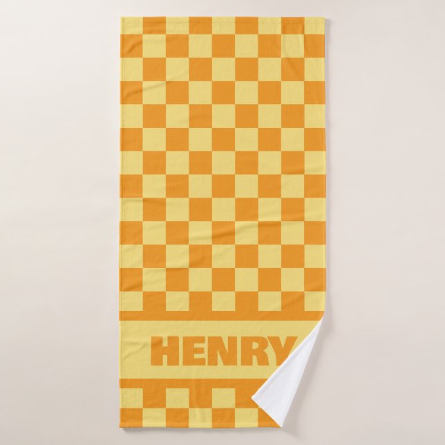 Yellow and Orange Checkerboard Custom Name Towel (Bath Towel)