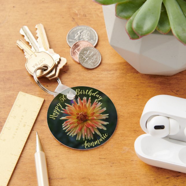 Yellow and Orange Dahlia Happy 50th Birthday Keychain (Desk)