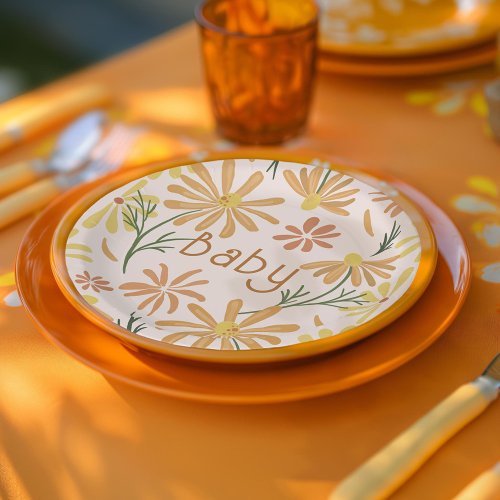 Yellow and Orange Daisies Baby Shower Paper Plates