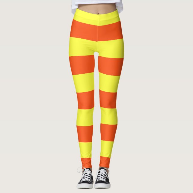 Yellow and Orange Halloween Stripes Candy Corn Leggings (Front)