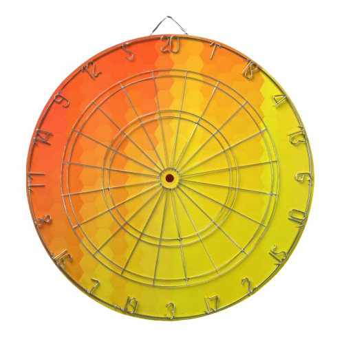 Yellow and orange hexagon graphic design dartboard with darts