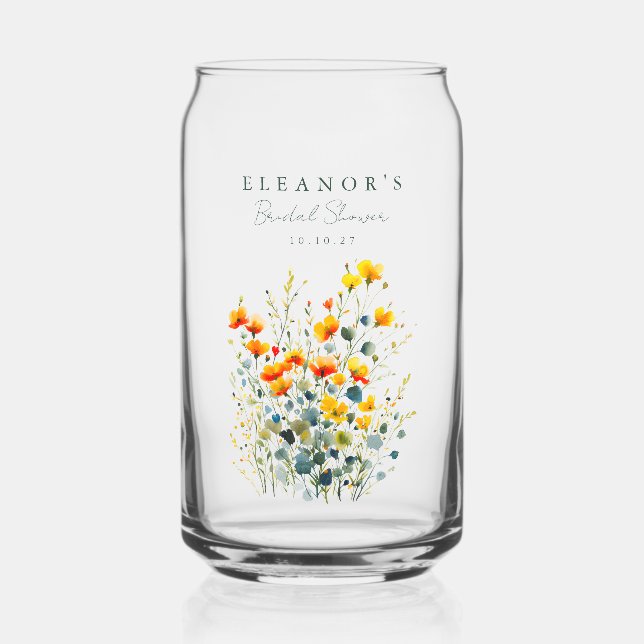 Yellow and Orange Meadow Wildflowers Bridal Shower Can Glass (Front)