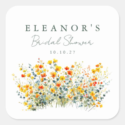 Yellow and Orange Meadow Wildflowers Bridal Shower Square Sticker