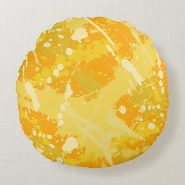 Yellow and Orange Paint Splatter Round Pillow (Front)