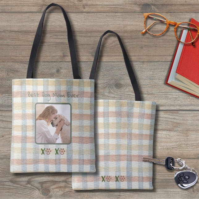 Yellow and Orange Plaid Dog Photo Best Mom Tote (Mother's Day is special for dog mom's too. Personalize the tote with your own picture and words!)