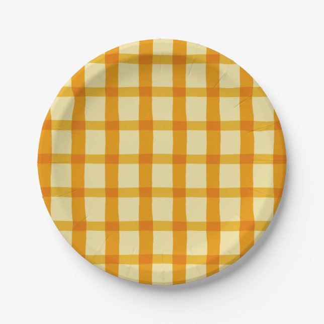 Yellow and Orange Plaid Paper Plates (Front)