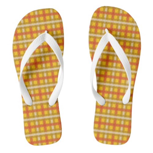 yellow and orange plaid strip pattern flip flops
