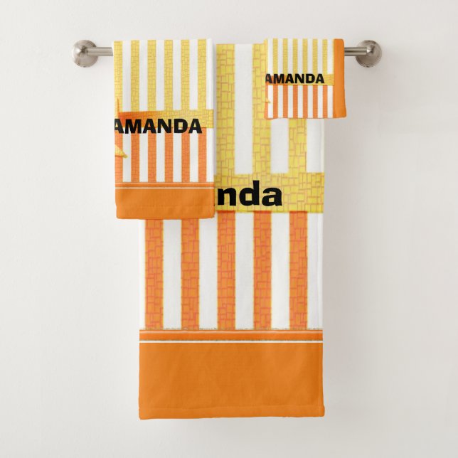 Yellow and orange stripe ,personalized ribbon  bath towel set (Insitu)