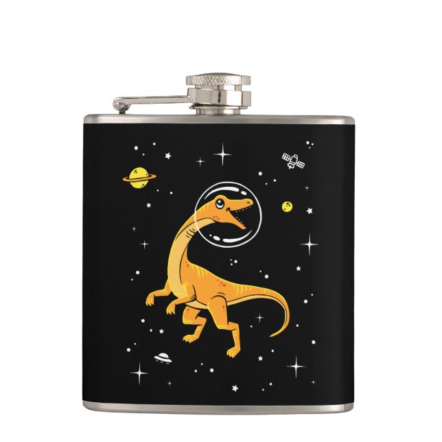 Yellow And Orange Velociraptor Dinos In Space Flask (Front)