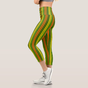 Yellow and Orange Vertical Stripes Green Capri Leggings