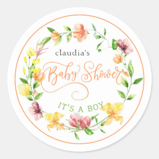 yellow and orange watercolor floral boy babyshower classic round sticker