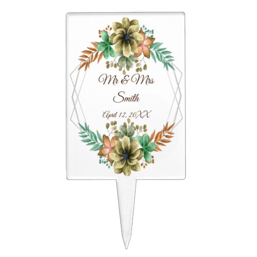 Yellow And Orange Watercolor Floral Wedding  Cake Topper