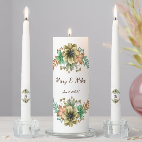 Yellow And Orange Watercolor Floral Wedding Unity Candle Set