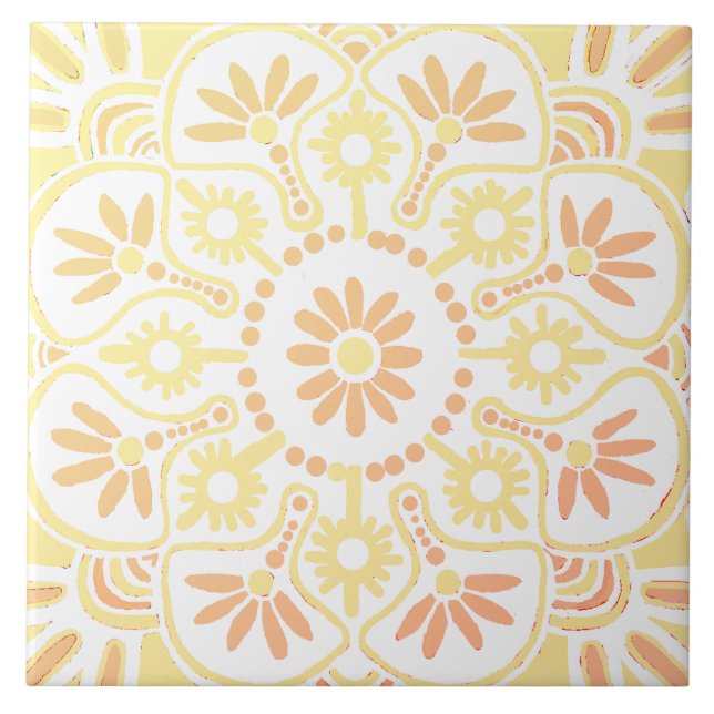  Yellow and peach on white geometric ceramic tile (Front)
