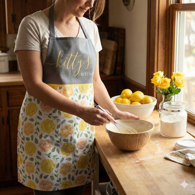 Yellow and Peach Rose All-Over Print Apron (This beautiful floral personalized apron would make a great bridal shower or birthday gift! )