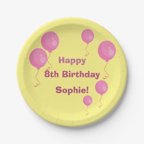 Yellow and Pink Balloon Girl Birthday Party Plates