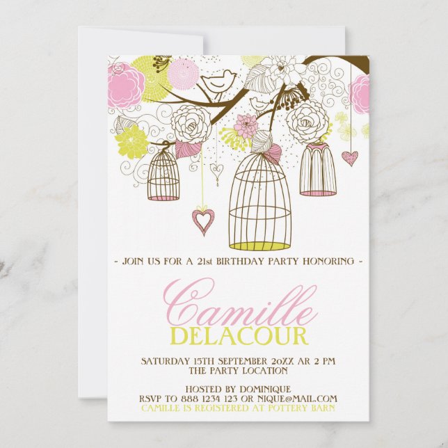 Yellow and Pink Birdcages Birthday Invitation (Front)