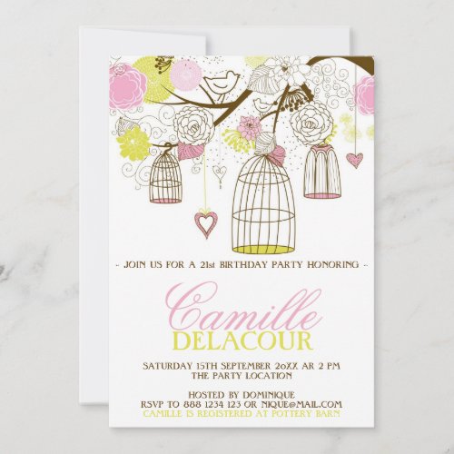Yellow and Pink Birdcages Birthday Invitation