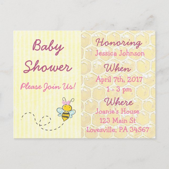 Yellow and Pink Bumblebee Baby Shower Invitation Postcard (Front)