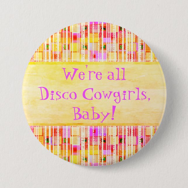 Yellow and Pink Disco Cowgirl Fringe Button (Front)