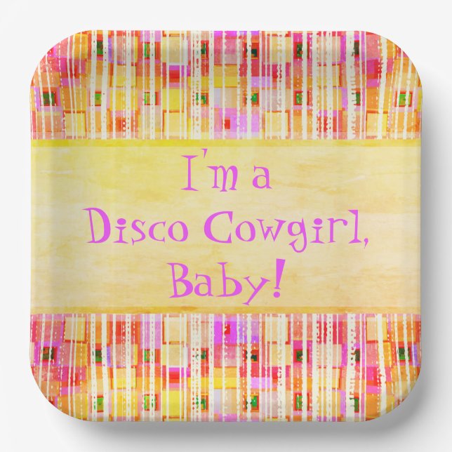 Yellow and Pink Disco Cowgirl Fringe Paper Plates (Front)