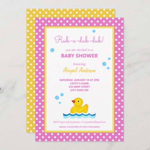 Yellow and Pink Duck Polka Dots Baby Shower Invita Invitation