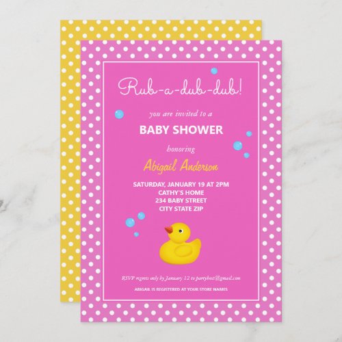 Yellow and Pink Duck Polka Dots Baby Shower Invitation