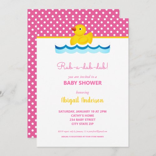 Yellow and Pink Duck Polka Dots Baby Shower Invitation