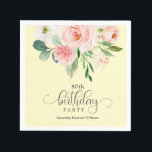 Yellow and Pink Floral 80th Birthday Party Napkins<br><div class="desc">Pretty and feminine, this 80th birthday party napkin has a cheerful color scheme of pastel yellow, blush pink and white. A beautiful bouquet of watercolor roses highlights the top of the design with feminine appeal. The word "birthday" is spelled out with a whimsical calligraphy typeface that is utterly charming. Personalize...</div>