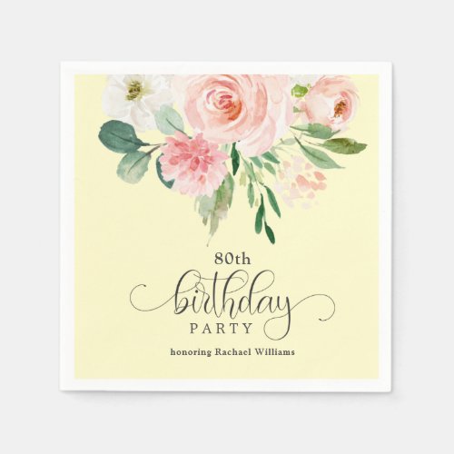 Yellow and Pink Floral 80th Birthday Party Napkins