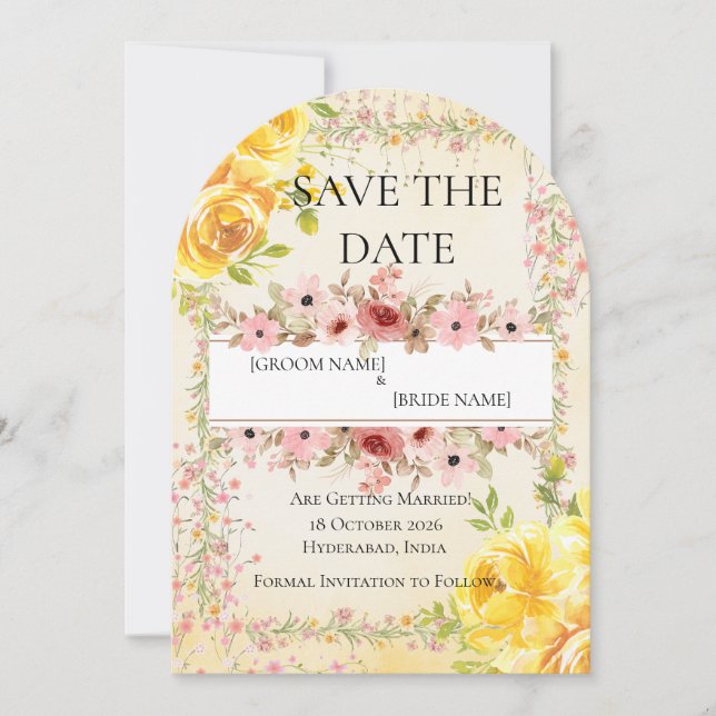 Yellow and Pink Floral Save the Date Card (Front)